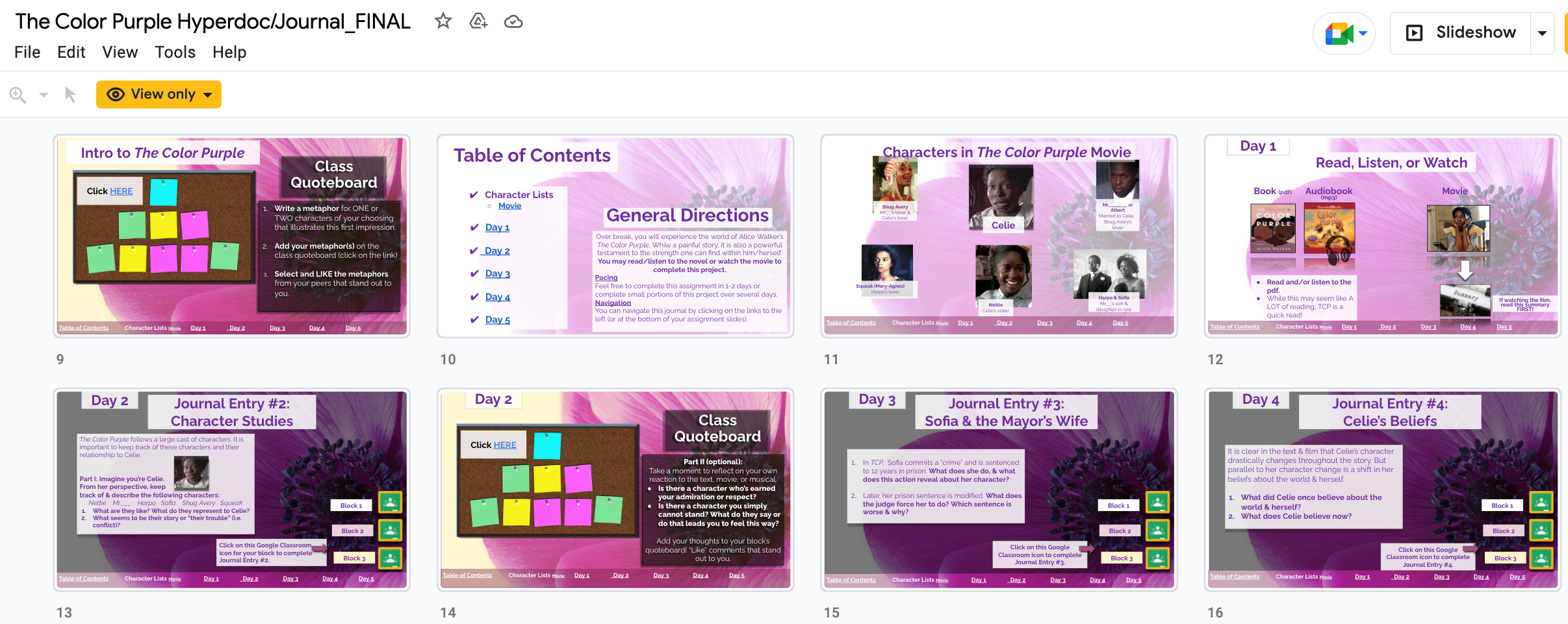 Screenshot of slides from The Color Purple HyperDoc